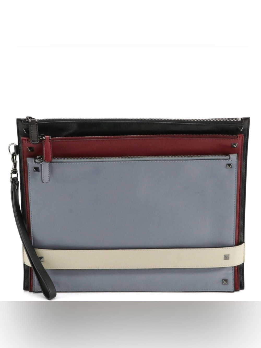Valentino Garavani Rockstud Triple Zip Clutch in Calfskin
Leather Red/Blk/Blu/Wh